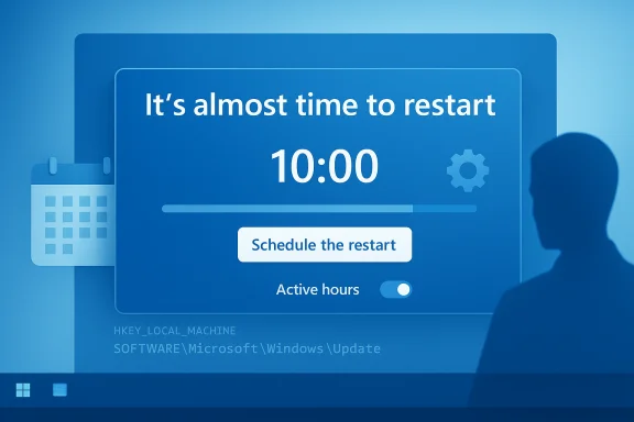 Blue Windows-style update screen: 'It's almost time to restart' with a 'Schedule the restart' button. Blue Windows-style update screen: 'It's almost time to restart' with a 'Schedule the restart' button.