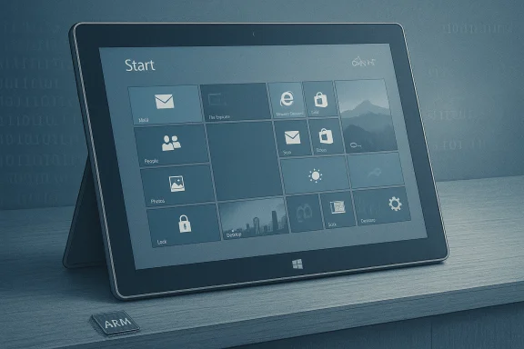A Windows tablet on a stand displays the Start screen with tiled apps. A Windows tablet on a stand displays the Start screen with tiled apps.