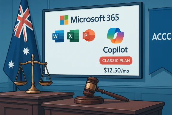 Courtroom scene with gavel, scales, AU flag, and slide advertising Microsoft 365 Copilot Classic Plan $12.50/mo. Courtroom scene with gavel, scales, AU flag, and slide advertising Microsoft 365 Copilot Classic Plan $12.50/mo.