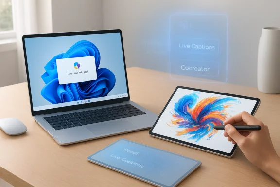 A modern desk setup includes a laptop, tablet, stylus, and a holographic UI for Live Captions and Cocreator. A modern desk setup includes a laptop, tablet, stylus, and a holographic UI for Live Captions and Cocreator.