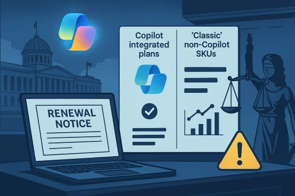 A laptop shows a renewal notice beside Copilot plans and classic SKUs with a warning symbol.