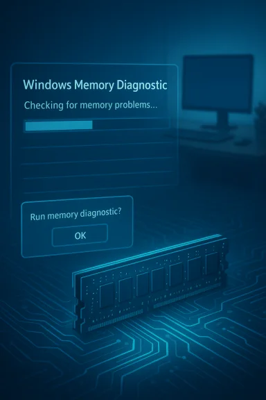 Blue Windows Memory Diagnostic screen with a progress bar and a RAM module on a circuit board. Blue Windows Memory Diagnostic screen with a progress bar and a RAM module on a circuit board.