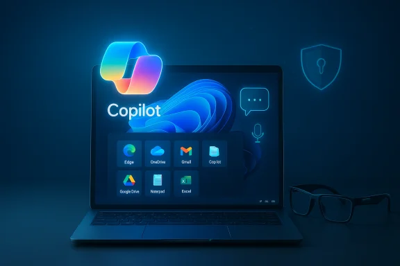 Laptop screen displays Copilot UI with app icons on a neon blue background; glasses sit nearby. Laptop screen displays Copilot UI with app icons on a neon blue background; glasses sit nearby.