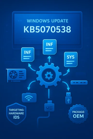 Blue Windows Update infographic displaying KB5070538 with gears and system components. Blue Windows Update infographic displaying KB5070538 with gears and system components.