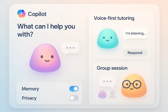 Pastel Copilot UI mockup with friendly blob avatars, chat prompts, and memory/privacy toggles. Pastel Copilot UI mockup with friendly blob avatars, chat prompts, and memory/privacy toggles.