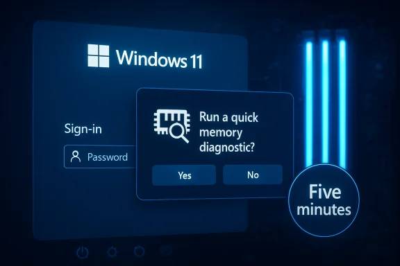 Windows 11 sign-in screen with a memory diagnostic prompt: Run a quick memory diagnostic? Yes/No; Five minutes badge. Windows 11 sign-in screen with a memory diagnostic prompt: Run a quick memory diagnostic? Yes/No; Five minutes badge.