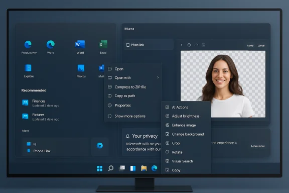 Dark Windows-style desktop on a curved monitor with app icons and a photo editor panel. Dark Windows-style desktop on a curved monitor with app icons and a photo editor panel.