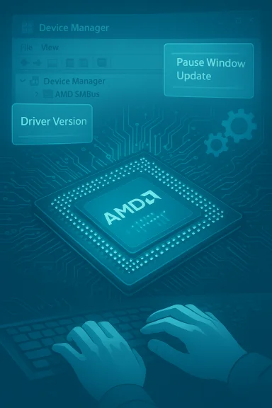 Hands typing on a keyboard while an AMD chip and UI overlays label device management and updates. Hands typing on a keyboard while an AMD chip and UI overlays label device management and updates.