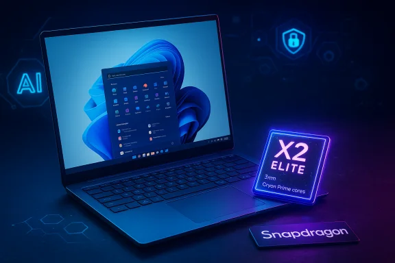 A sleek laptop displays Windows, beside a glowing X2 Elite sign and Snapdragon branding. A sleek laptop displays Windows, beside a glowing X2 Elite sign and Snapdragon branding.