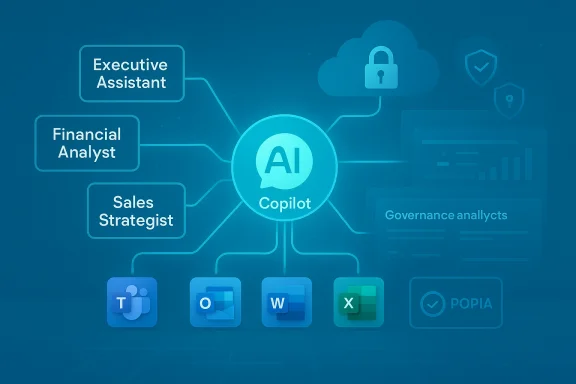 AI Copilot central hub connects to roles like Executive Assistant, Financial Analyst, and Sales Strategist. AI Copilot central hub connects to roles like Executive Assistant, Financial Analyst, and Sales Strategist.