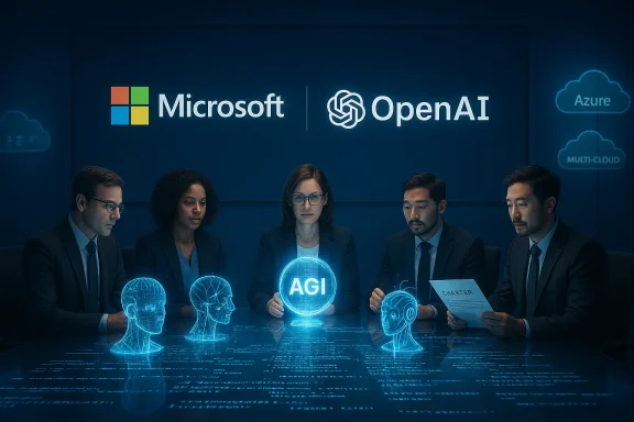 Microsoft and OpenAI executives discuss AGI with glowing holographic heads around a high-tech table. Microsoft and OpenAI executives discuss AGI with glowing holographic heads around a high-tech table.