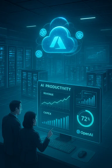 Two professionals monitor an AI productivity dashboard in a data center, featuring a cloud icon and charts. Two professionals monitor an AI productivity dashboard in a data center, featuring a cloud icon and charts.