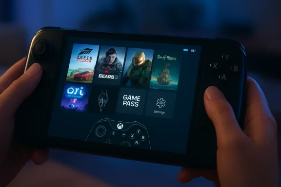 A person holds a handheld console displaying game tiles, including Game Pass. A person holds a handheld console displaying game tiles, including Game Pass.