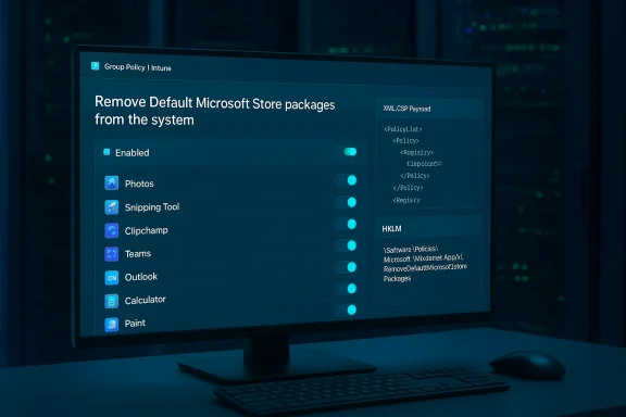 Monitor displaying a Group Policy screen to remove default Microsoft Store packages with app toggles. Monitor displaying a Group Policy screen to remove default Microsoft Store packages with app toggles.