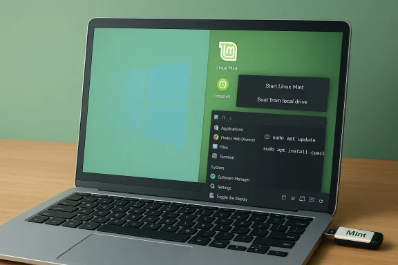 A laptop running Linux Mint with a Mint USB drive connected. A laptop running Linux Mint with a Mint USB drive connected.