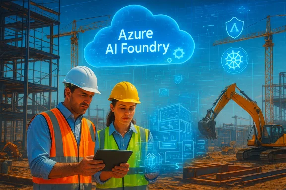 Construction workers in safety gear review a tablet as the Azure AI Foundry cloud looms above. Construction workers in safety gear review a tablet as the Azure AI Foundry cloud looms above.