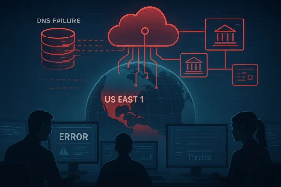 Global cloud network with DNS failure impacting US East 1, monitored by IT operators. Global cloud network with DNS failure impacting US East 1, monitored by IT operators.