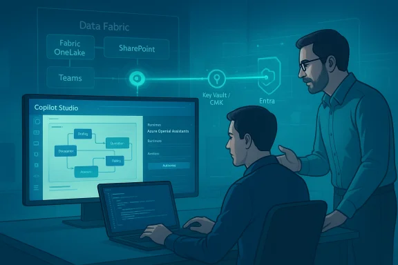 Two engineers collaborate over Copilot Studio, reviewing a data-fabric workflow on a large screen. Two engineers collaborate over Copilot Studio, reviewing a data-fabric workflow on a large screen.