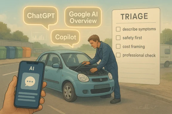 An auto technician uses AI chat assistants (ChatGPT, Google AI) to triage car repairs. An auto technician uses AI chat assistants (ChatGPT, Google AI) to triage car repairs.