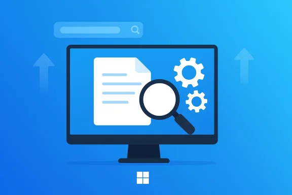Monitor displaying a document with a magnifying glass and gears, symbolizing search and settings.