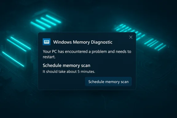 Windows Memory Diagnostic alert on a neon circuit-board background, prompting a memory scan. Windows Memory Diagnostic alert on a neon circuit-board background, prompting a memory scan.