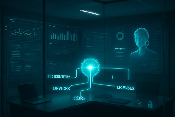 Futuristic data room with neon holograms displaying HR identities, devices, licenses, and a portrait. Futuristic data room with neon holograms displaying HR identities, devices, licenses, and a portrait.