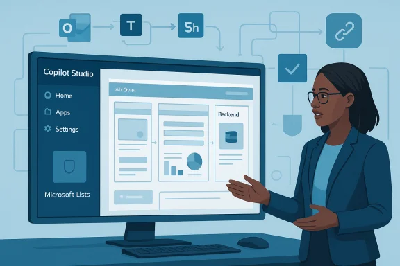 A professional woman demonstrates the Copilot Studio dashboard on a large monitor. A professional woman demonstrates the Copilot Studio dashboard on a large monitor.