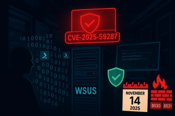 Red alert CVE-2025-59287 looms over a WSUS server in a cybersecurity scene. Red alert CVE-2025-59287 looms over a WSUS server in a cybersecurity scene.