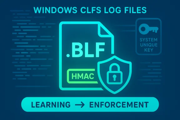 Neon graphic illustrating Windows CLFS log files (.BLF), HMAC, and a security shield. Neon graphic illustrating Windows CLFS log files (.BLF), HMAC, and a security shield.