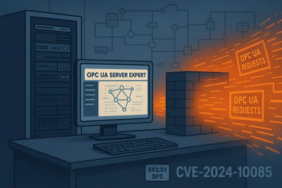 OPC UA server expert on a monitor, orange OPC UA requests swarm a firewall; CVE-2024-10085.