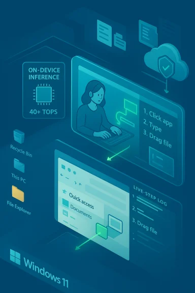 A Windows 11‑style interface showing on-device AI inference, cloud icons, and a person working at a computer. A Windows 11‑style interface showing on-device AI inference, cloud icons, and a person working at a computer.