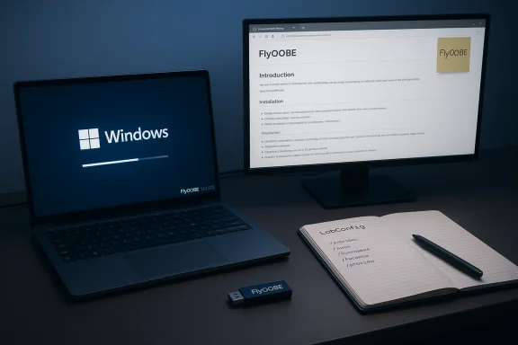 Dual-monitor setup with Windows boot on the laptop and FlyOOBE docs on the other screen, plus a LabConfig notebook. Dual-monitor setup with Windows boot on the laptop and FlyOOBE docs on the other screen, plus a LabConfig notebook.
