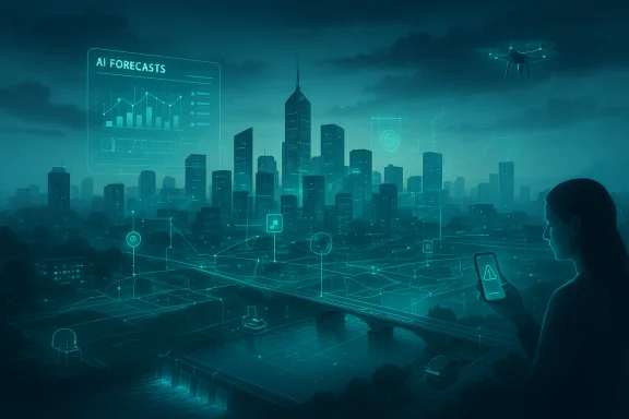 A person views an AI forecast hologram over a futuristic cityscape. A person views an AI forecast hologram over a futuristic cityscape.