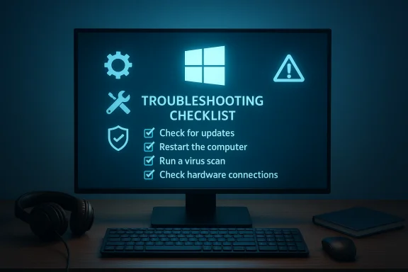 Blue-toned screen shows a Windows troubleshooting checklist with four tasks.