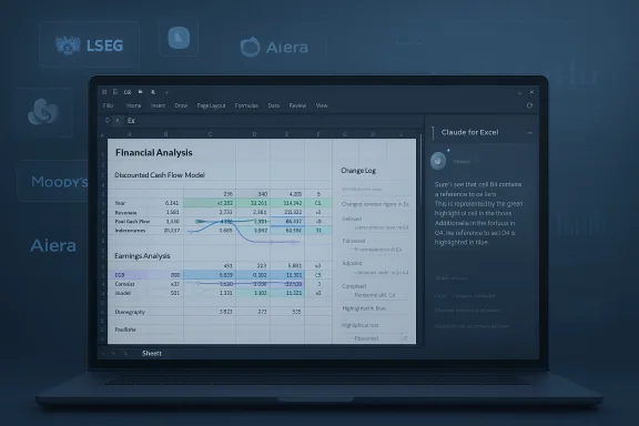 Laptop displays a financial analysis spreadsheet (Excel) with charts and a change log. Laptop displays a financial analysis spreadsheet (Excel) with charts and a change log.