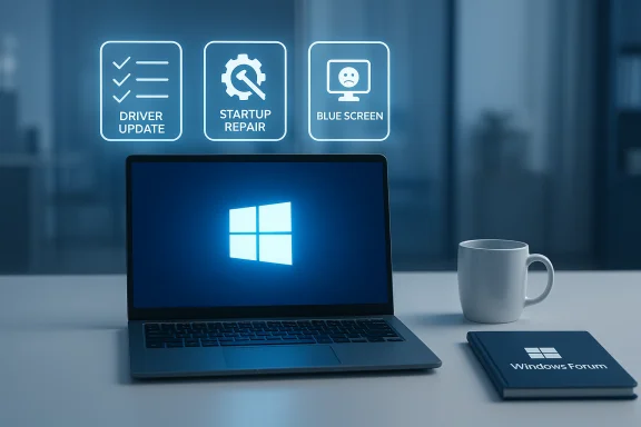 Windows laptop on a desk with holographic icons for Driver Update, Startup Repair, and Blue Screen.