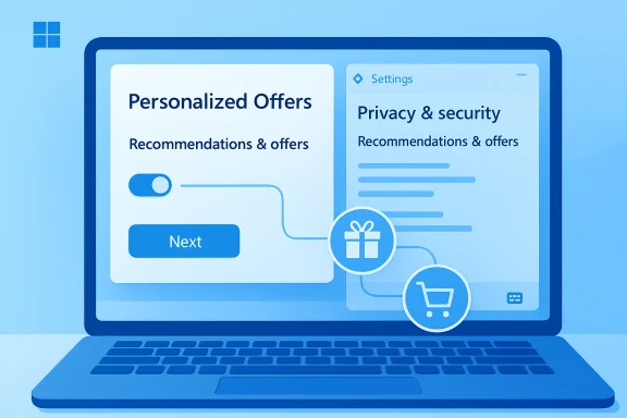 Blue laptop screen shows personalized offers and privacy settings with gift and cart icons. Blue laptop screen shows personalized offers and privacy settings with gift and cart icons.