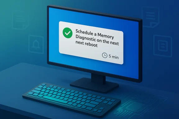 A computer monitor shows a prompt to schedule a memory diagnostic on the next reboot. A computer monitor shows a prompt to schedule a memory diagnostic on the next reboot.