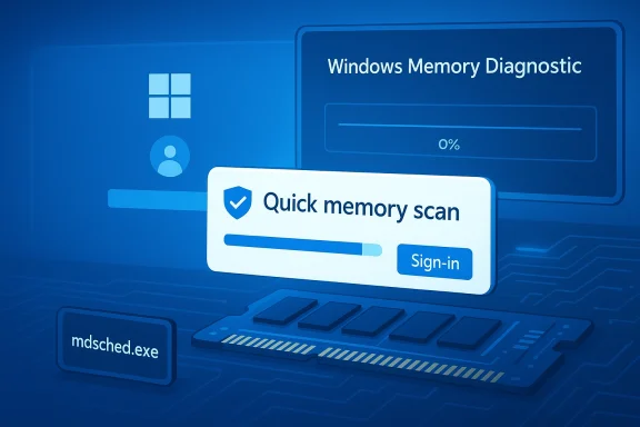 Blue Windows UI illustration of Windows Memory Diagnostic with a quick memory scan progress. Blue Windows UI illustration of Windows Memory Diagnostic with a quick memory scan progress.