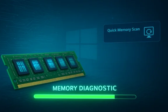 A green RAM module beside a 'Memory Diagnostic' progress bar. A green RAM module beside a 'Memory Diagnostic' progress bar.
