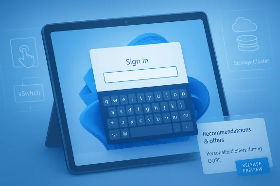 Blue-tinted laptop screen shows a sign-in dialog with a floating keyboard. Blue-tinted laptop screen shows a sign-in dialog with a floating keyboard.