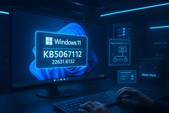 Windows 11 monitor shows a glowing update badge KB5067112 in a dark data center. Windows 11 monitor shows a glowing update badge KB5067112 in a dark data center.