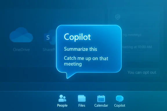 Blue glowing Copilot chat bubble with meeting summary prompts on a Microsoft interface. Blue glowing Copilot chat bubble with meeting summary prompts on a Microsoft interface.