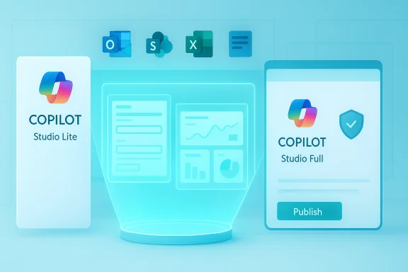 Copilot Studio Lite and Studio Full UI designs with graphs and a Publish button. Copilot Studio Lite and Studio Full UI designs with graphs and a Publish button.