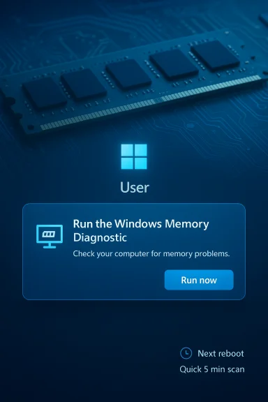 Windows user login screen showing a 'Run the Windows Memory Diagnostic' prompt on a blue RAM-themed background. Windows user login screen showing a 'Run the Windows Memory Diagnostic' prompt on a blue RAM-themed background.