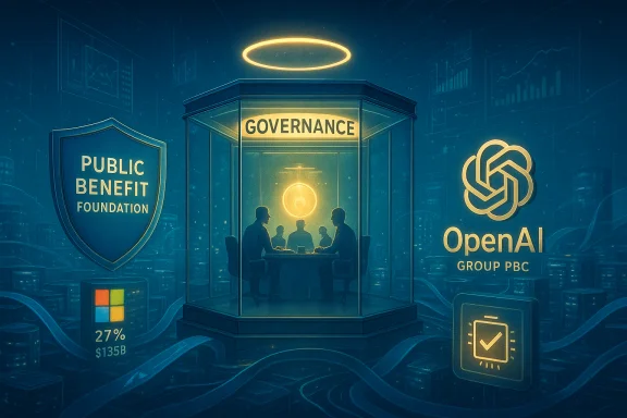 A glass-walled governance hub featuring OpenAI Group PBC and Public Benefit Foundation logos. A glass-walled governance hub featuring OpenAI Group PBC and Public Benefit Foundation logos.