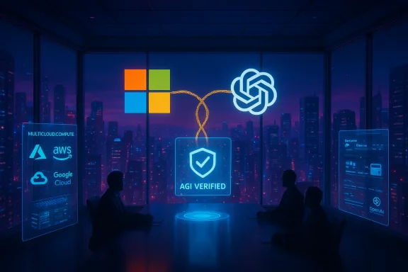 A futuristic boardroom with holographic AGI VERIFIED shield and multicloud logos over a neon city skyline. A futuristic boardroom with holographic AGI VERIFIED shield and multicloud logos over a neon city skyline.