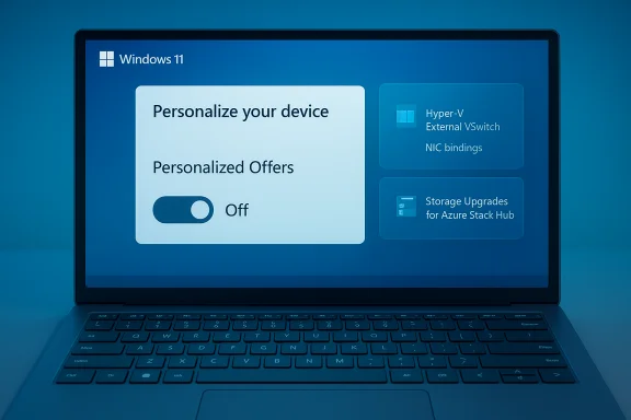 Windows 11 laptop screen with a 'Personalize your device' settings panel and a toggle. Windows 11 laptop screen with a 'Personalize your device' settings panel and a toggle.