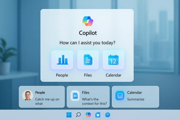 Copilot AI assistant interface offering People, Files, and Calendar options in a blue UI. Copilot AI assistant interface offering People, Files, and Calendar options in a blue UI.