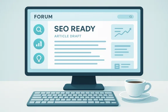 Desktop monitor displays a forum article draft titled 'SEO READY' with sidebars, a keyboard, and a coffee cup.